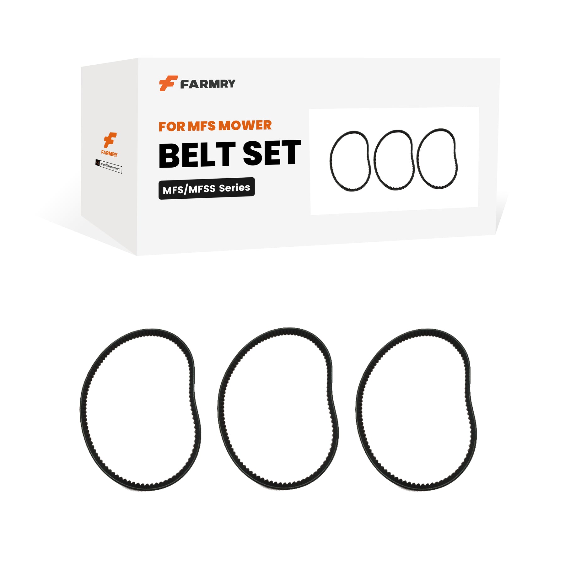 A white Farmry box labeled "(1 Pack/3 Pcs) Belt Set for MFS Mower" is shown with three black mower belts displayed in front.