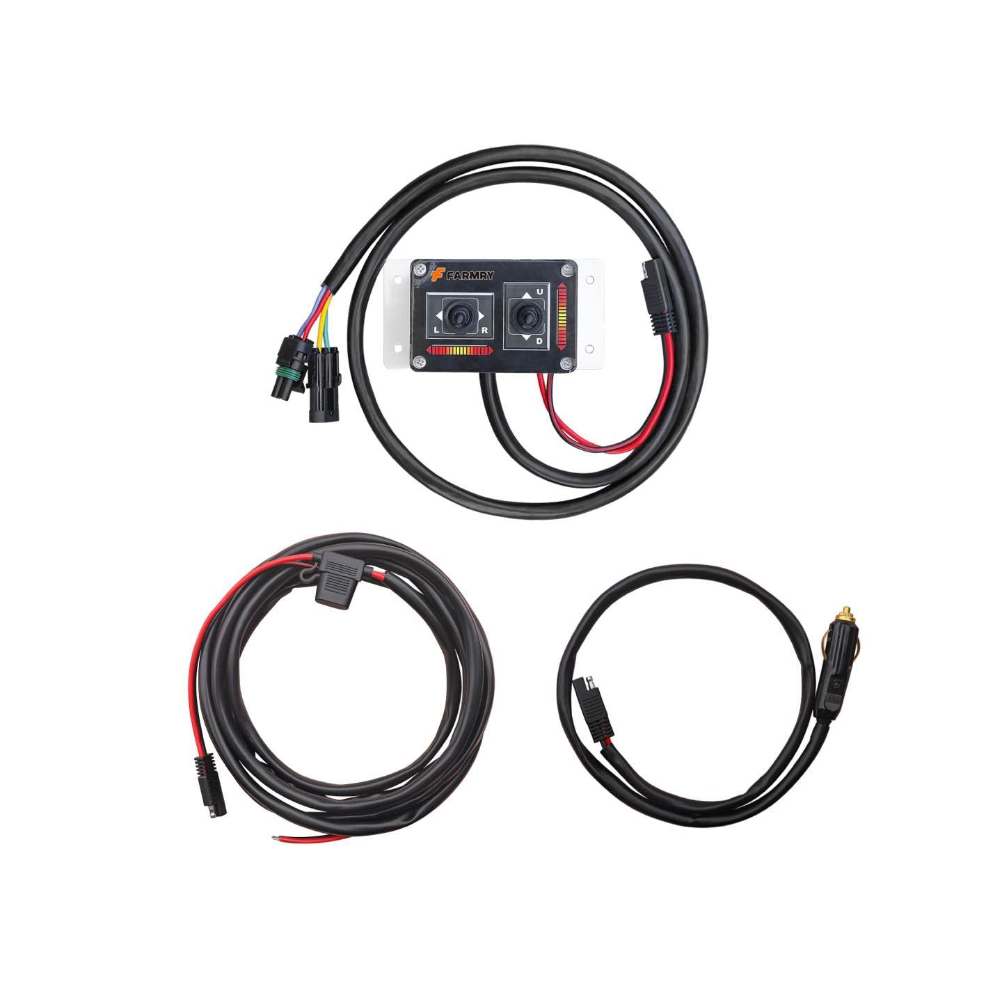 The farmry 12-volt electronic chute rotator wiring harness kit for SSB/TSB snow blowers includes three black cables—with connectors, a cigarette lighter plug, a rectangular inline junction—and a control box with switches and indicator lights.