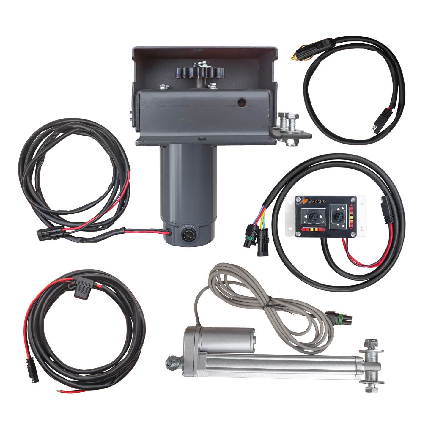 The farmry (1 Set) Snow Blower Complete Electronic Chute Rotator & Deflector Kit for SSB/TSB series includes cables, a grey motor unit, a control panel with buttons and screen, and a silver actuator with brackets on a white background.