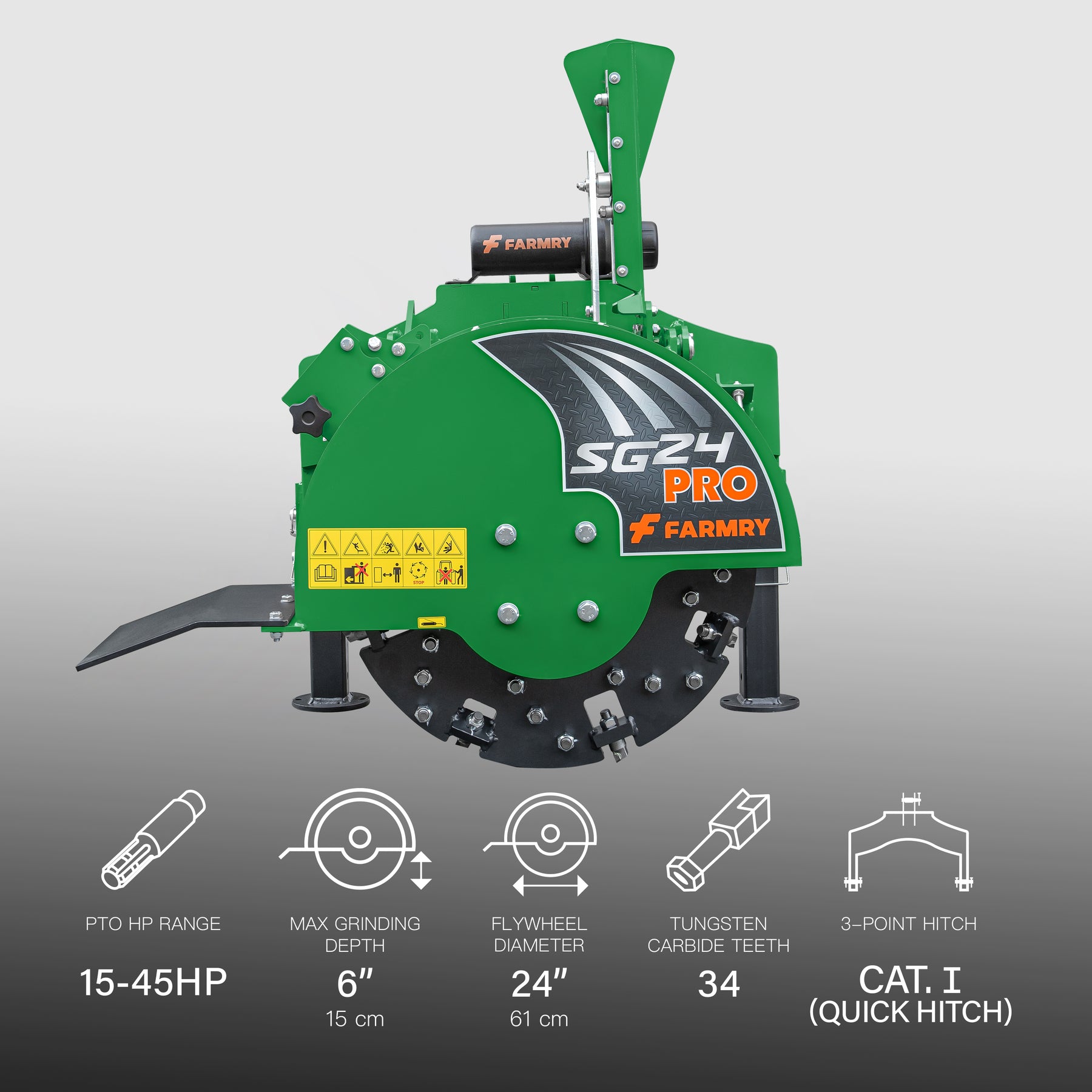 3-Point PTO Stump Grinder PRO, Two Torsion Springs, Speed Indicator, 34 Carbide Teeth, for 15-45HP Tractors, PTO Shaft Included with Slip Clutch. SG24Pro