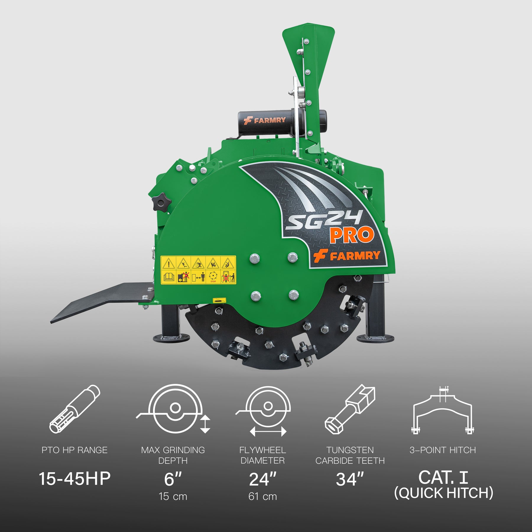 3-Point PTO Stump Grinder PRO, Two Torsion Springs, Speed Indicator, 34 Carbide Teeth, for 15-45HP Tractors, PTO Shaft Included with Slip Clutch. SG24Pro