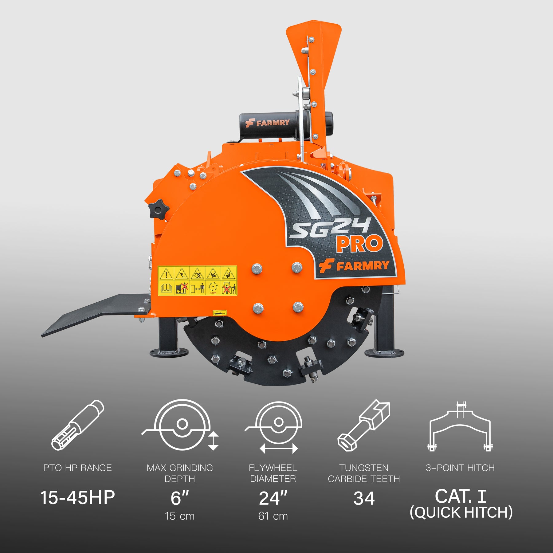 3-Point PTO Stump Grinder PRO, Two Torsion Springs, Speed Indicator, 34 Carbide Teeth, for 15-45HP Tractors, PTO Shaft Included with Slip Clutch. SG24Pro