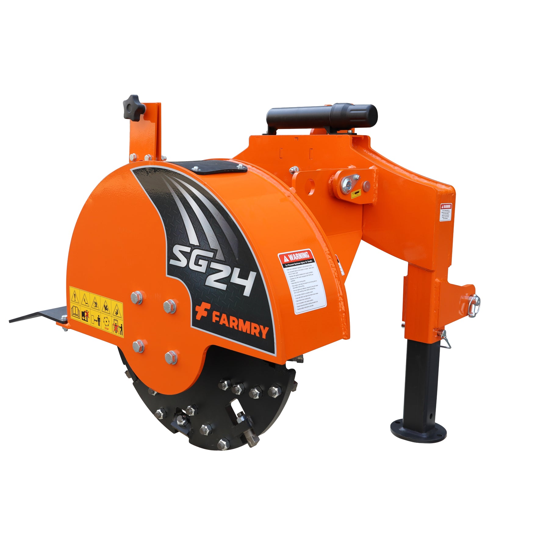 The Farmry SG24 Stump Grinder is a 3-point PTO attachment with 34 durable carbide teeth, suitable for 15-45 HP tractors, and includes a slip clutch and PTO shaft.