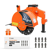 A Farmry SG24 Stump Grinder for 15-45 HP tractors is shown above a white Teeth and Nuts box, with eight carbide teeth and nuts arranged nearby. Gift icons appear next to the box. Slip clutch & PTO shaft included.