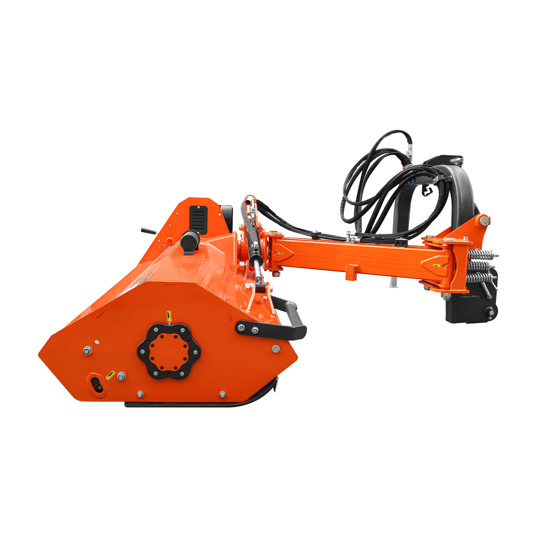 The farmry 63" Heavy Duty Hydraulic Verge 3-Point Offset Flail Ditch Bank Mower VHF63, for 60-100 HP tractors, features black hydraulic hoses and robust metal parts, rear-attached, displayed on a white background.