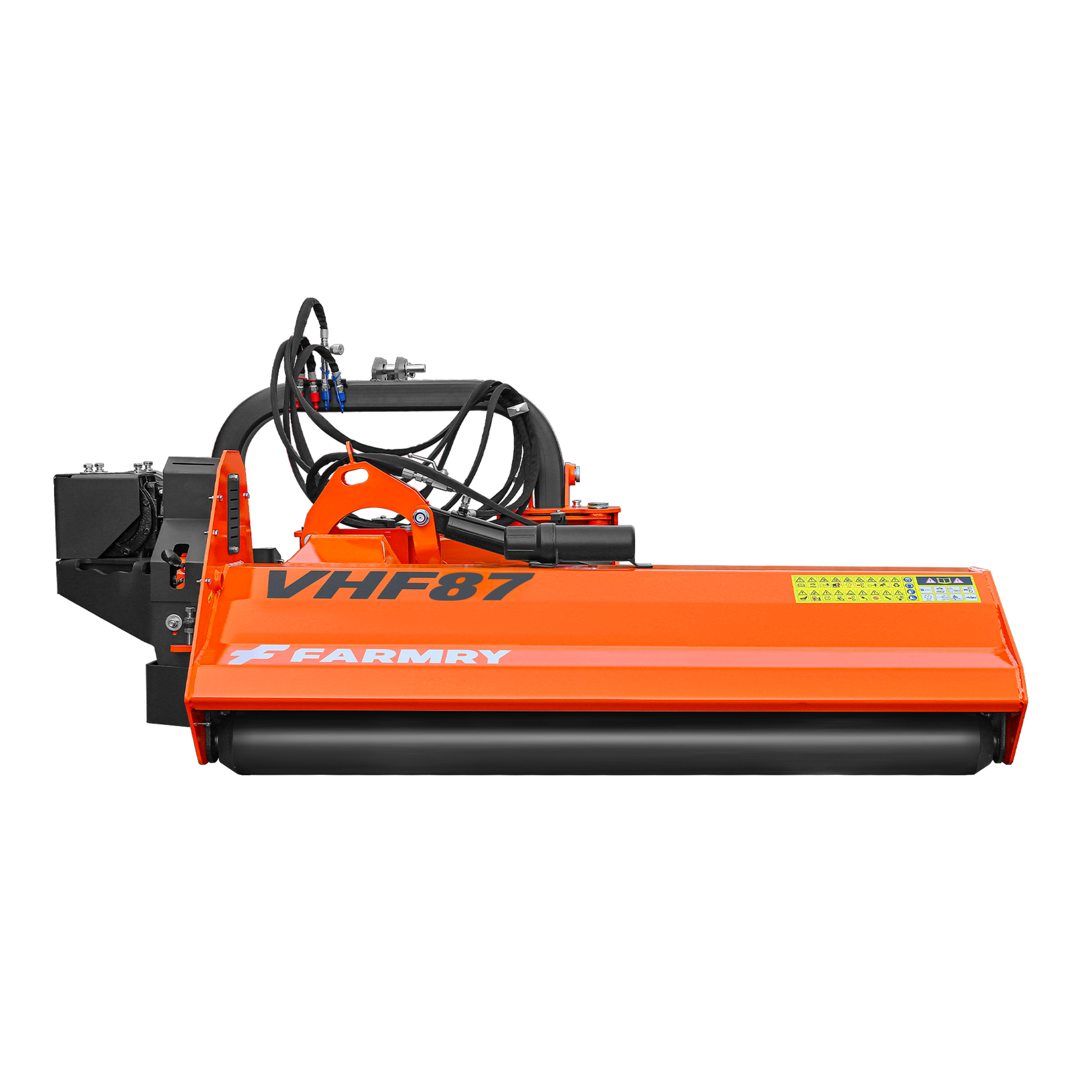 The farmry VHF87 87" Heavy Duty Hydraulic Verge 3Point Offset Flail Ditch Bank Mower, rear attached, fits 60-100 HP tractors. Features hydraulic components, black roller, PTO shaft, and is shown on a white background.