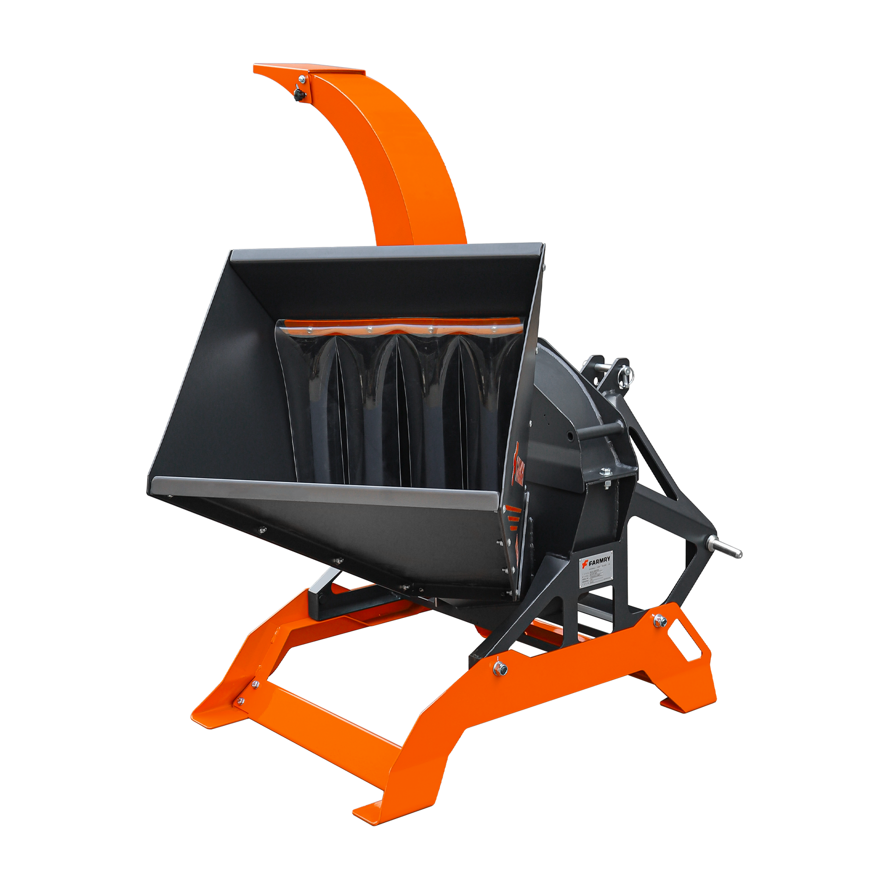 The Farmry 5” PTO Wood Chipper + Stump Grinder Bundle (WCAP130 + SG24) fits 15–45HP tractors, efficiently shreds branches and yard debris, and is perfect for large properties. Features an orange frame, black hopper, and curved discharge chute.