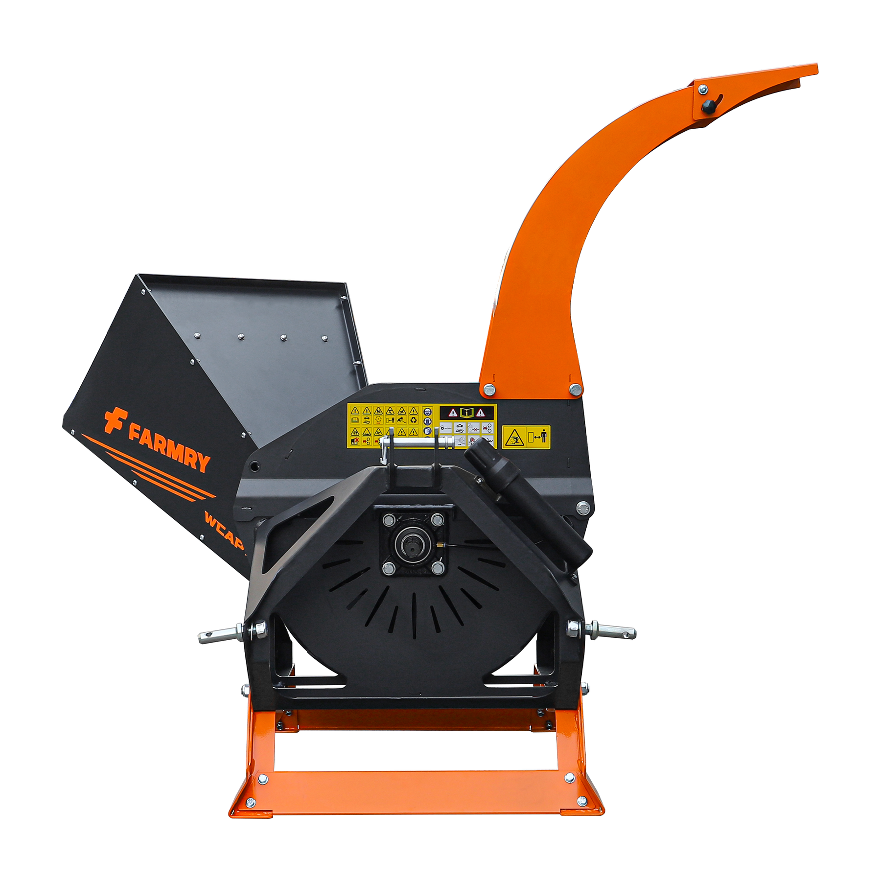 Front view of the Farmry 5” PTO Wood Chipper + Stump Grinder Bundle (WCAP130 + SG24) for 15–45HP tractors, featuring a black and orange design with input chute, safety stickers, and curved output chute, on a white background.