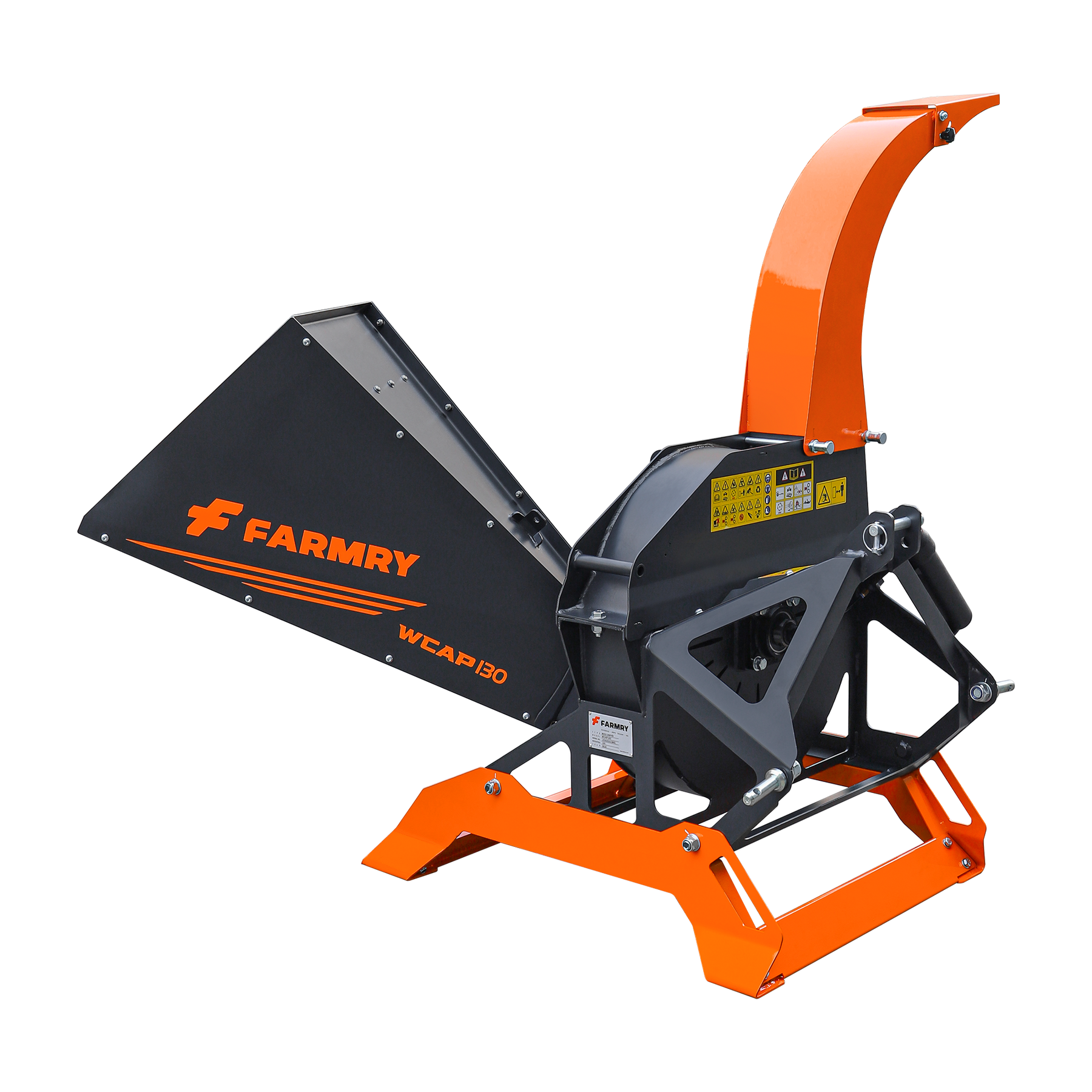 A large, industrial Farmry 5” PTO Wood Chipper + Stump Grinder Bundle (WCAP130 + SG24) for 15–45HP tractors has a black and orange frame, wide left feeding chute, and tall curved right discharge chute. Powered by tractor PTO.