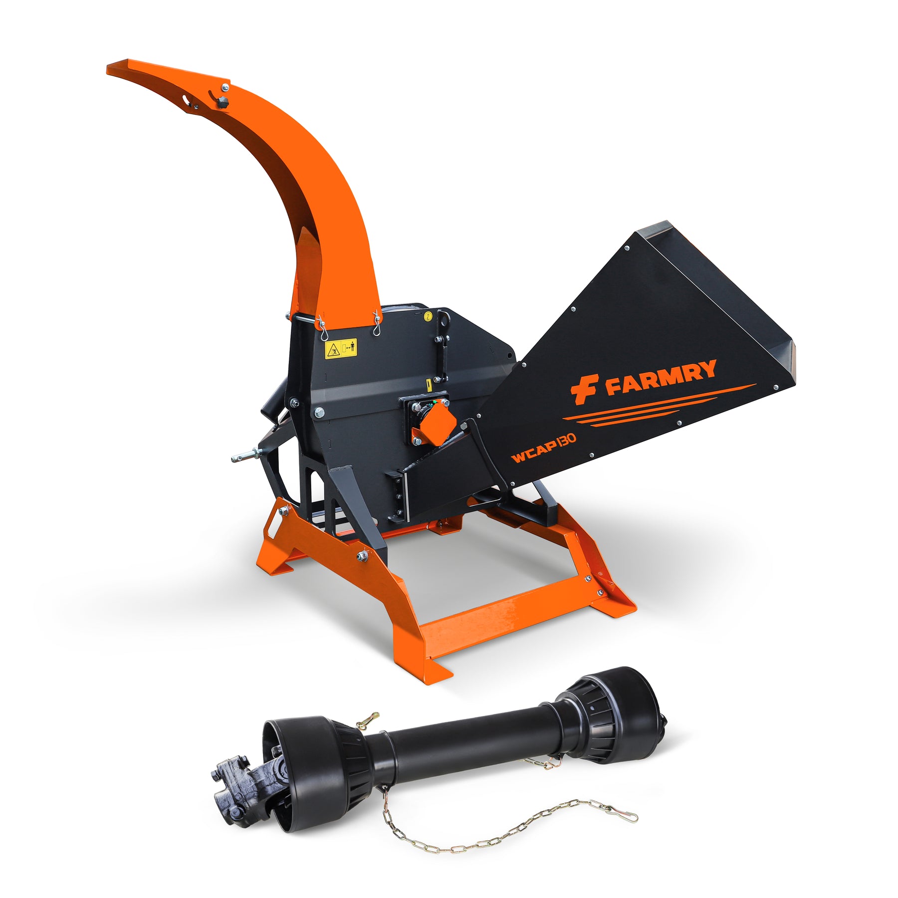 A Farmry 5” PTO Wood Chipper + Stump Grinder Bundle (WCAP130 + SG24 Combo) for 15–45HP tractors, shown with chute, stand, and a separate PTO drive shaft attachment, is displayed against a white background.