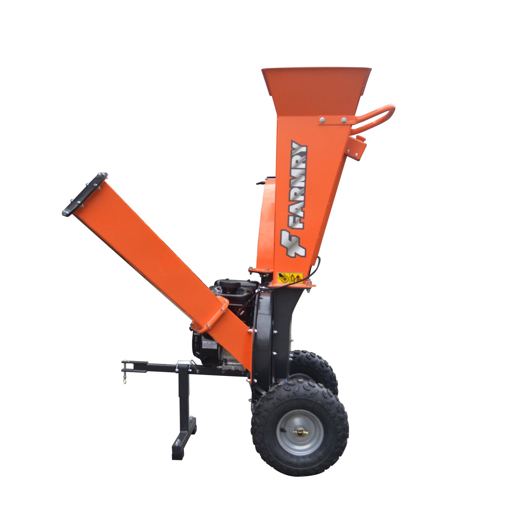 The farmry 2” Gasoline Wood Chipper GS65V, featuring a triple inlet feed and special blade design, is shown in orange and black with large wheels and a side chute against a plain white background.
