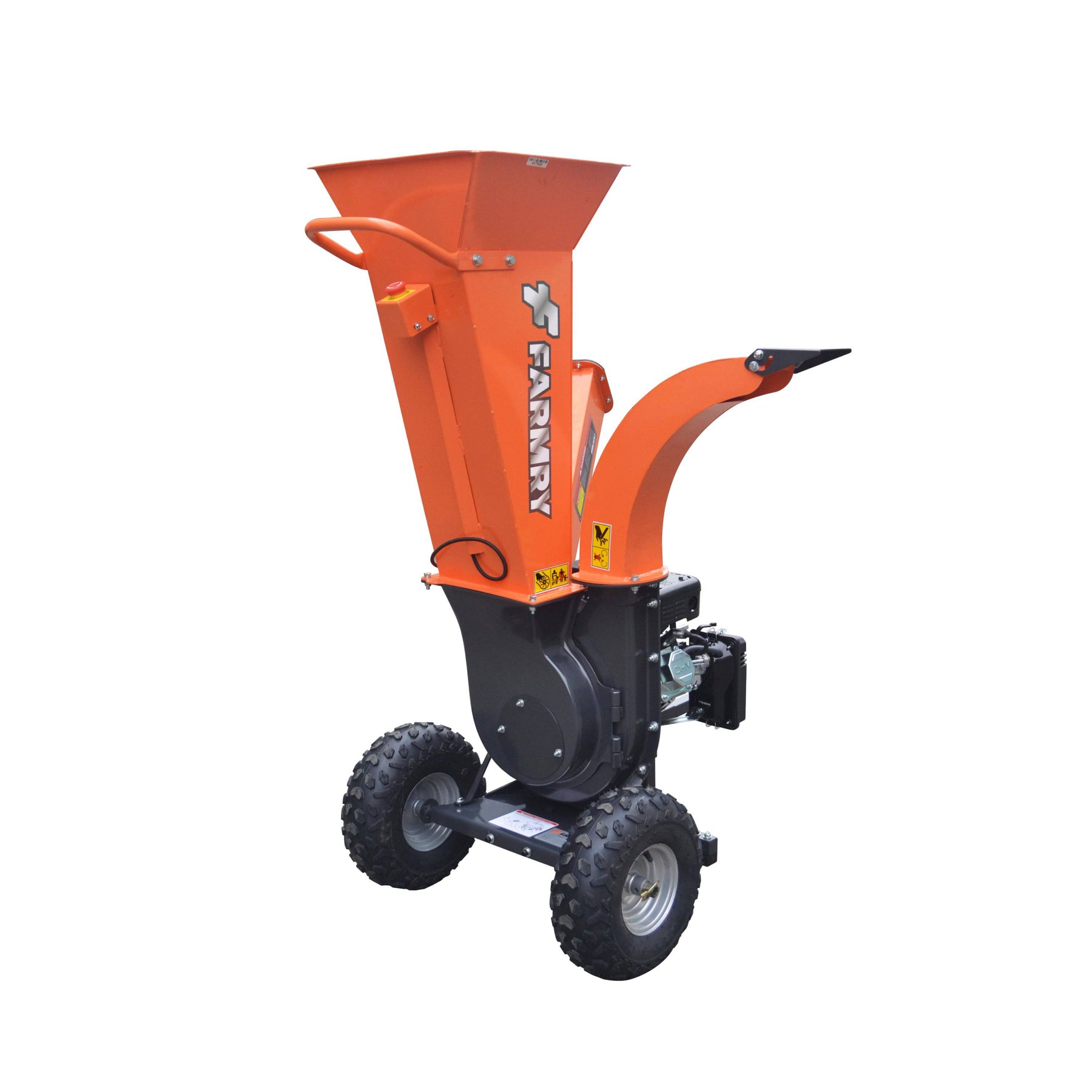 The farmry 2” Gasoline Wood Chipper GS65V features a powerful 7HP engine, triple inlet feed, special blade design, large tires, wide hopper, and curved discharge chute—ideal for outdoor yard work.