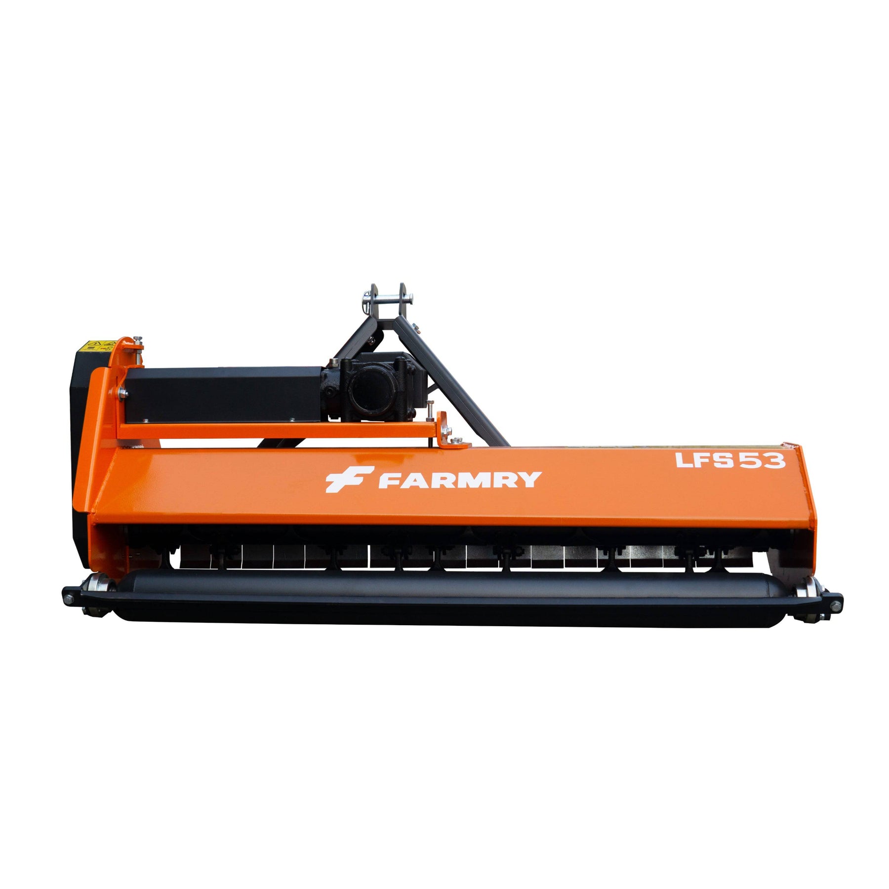 An orange and black farmry LFS53 3 Point 53 Flail Mower, PTO powered for 15-35HP Category 1 tractors, is shown from the front with a visible roller and cutting mechanism underneath for efficient fieldwork.