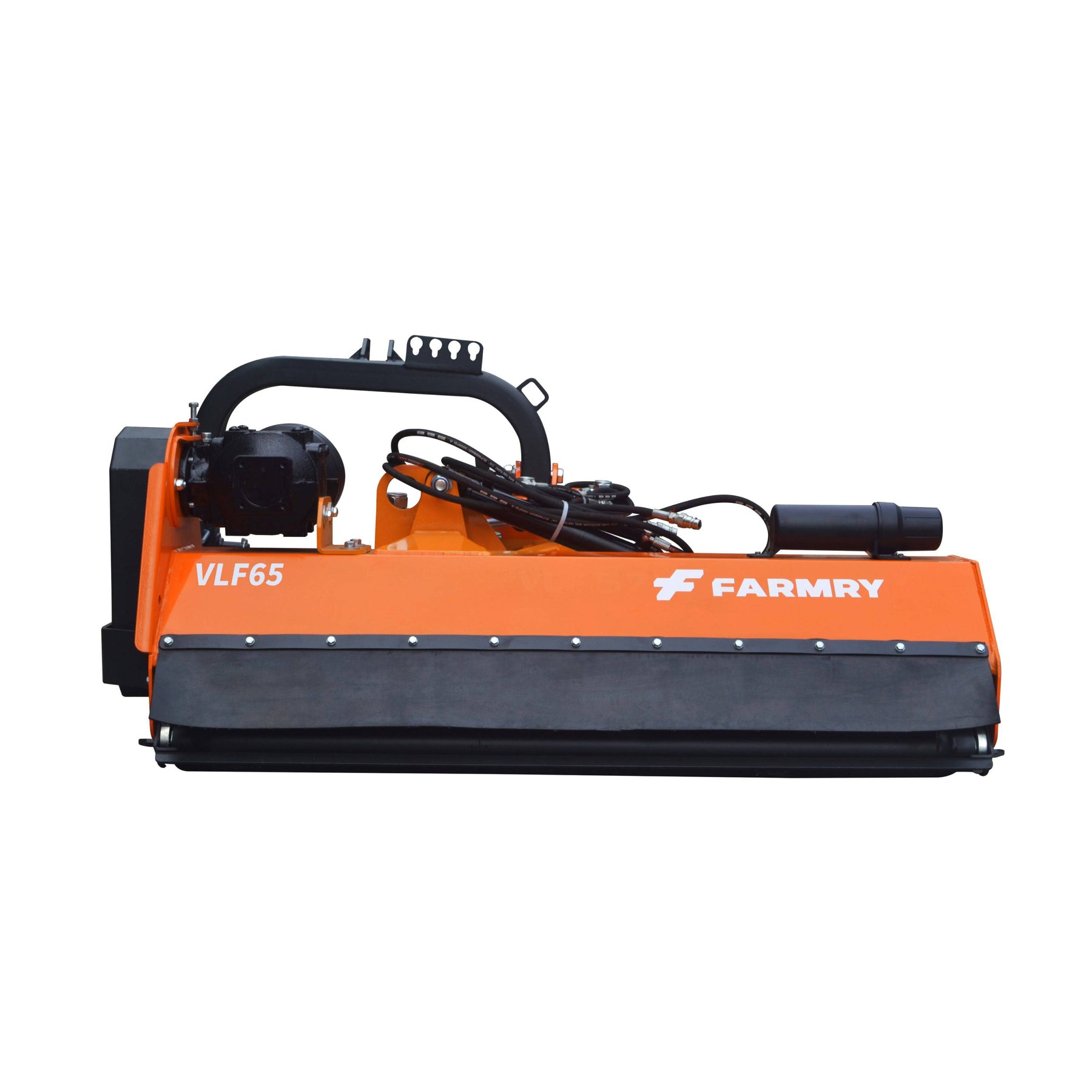 An orange farmry 3 Point 65" Offset Flail Ditch Bank Mower (VLF65) for Category 1 tractors (25-45HP), with hydraulic components, gearbox, black protective flap, and logo, shown against a white background.