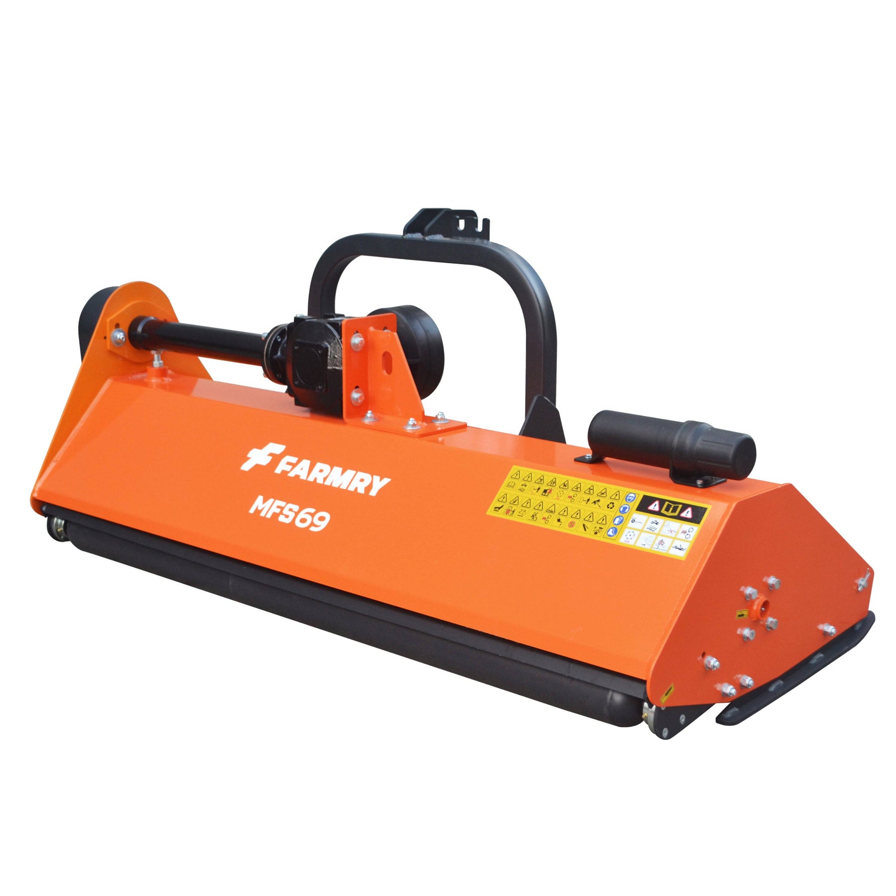 The farmry 3 Point 69" Flail Mower (MFS69) features a durable metal frame, safety stickers, and rotating blades. PTO-powered for 25-65HP Category 1 & 2 tractors, it's an efficient mowing attachment for agricultural use.