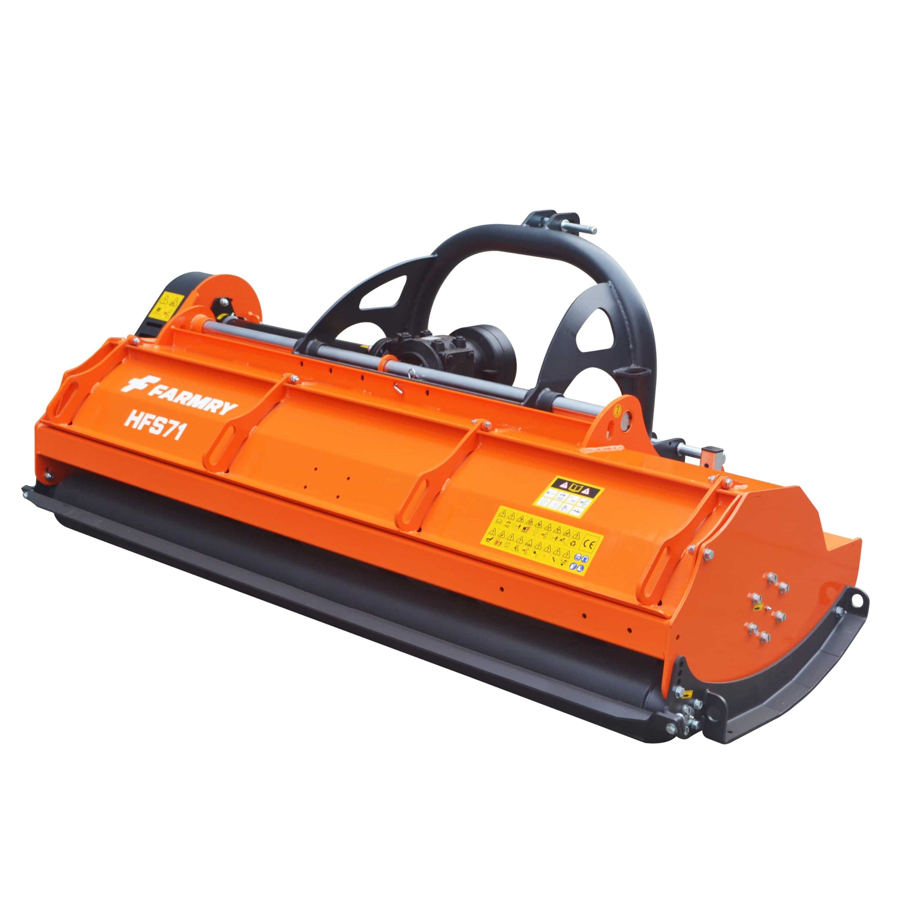 The farmry HFS71 is a 3-point, 71" flail mower attachment for Category 1 and 2 tractors (30-85HP) with PTO shaft, robust gearbox, cylindrical roller, and mounting brackets included.