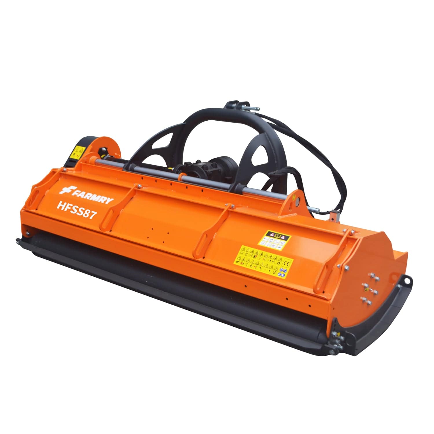 A farmry 3 Point 87" Flail Mower (HFSS87) for Category 1 & 2 tractors (30-85HP), with PTO hydraulic side shift, is shown in orange with black and yellow details, designed for cutting grass and brush on a white background.