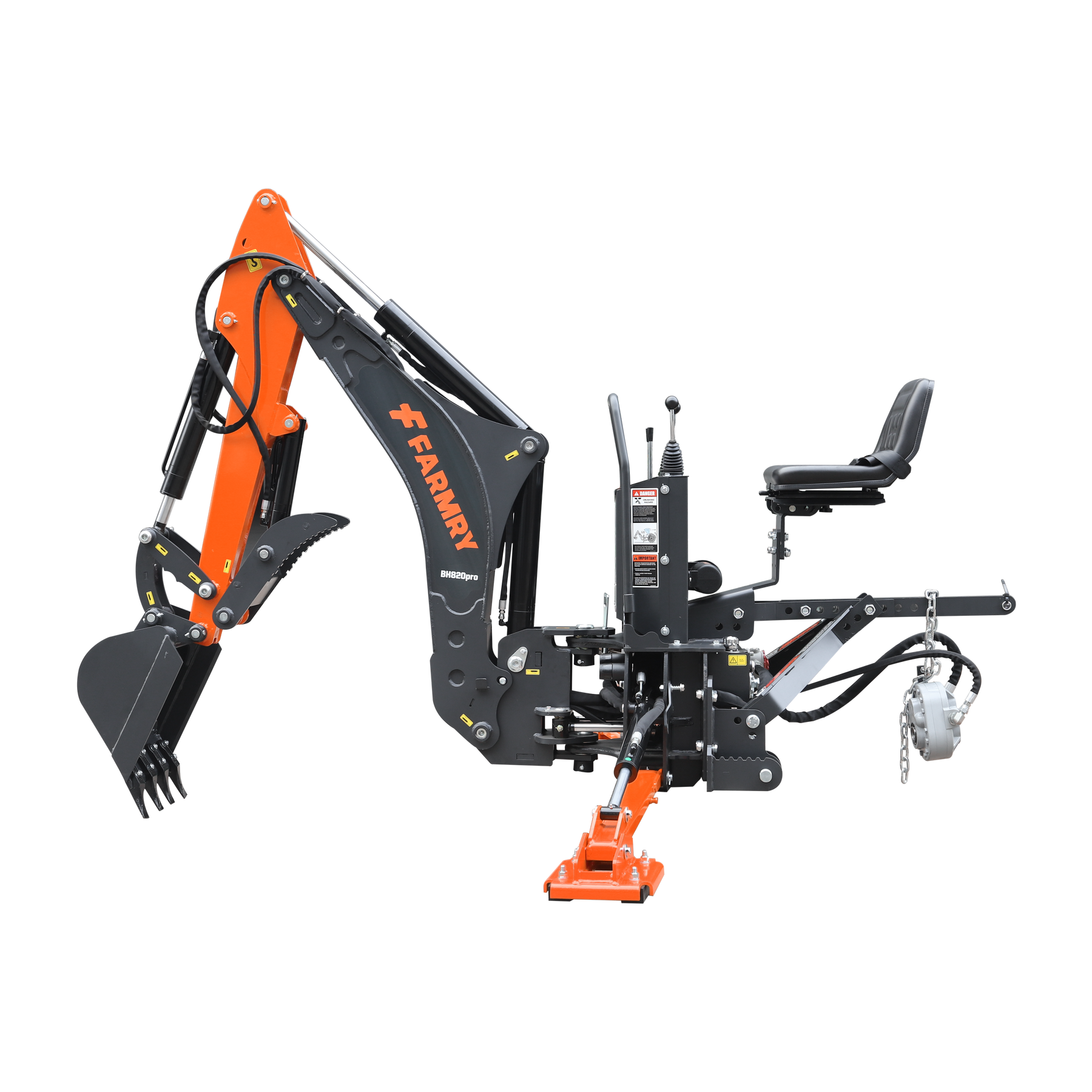 8 '2 " Tractor  Backhoe with Curved Boom, Italian Original WALVOIL Seven Way Hydraulic Control Valve, 15" Bucket, Hydraulic Grapple Thumb,  Self-Contained One-Piece Gear Pump&Hydraulic Reservoir included, for 30-65 HP, Cat 1&2 Hookup, BH820Pro
