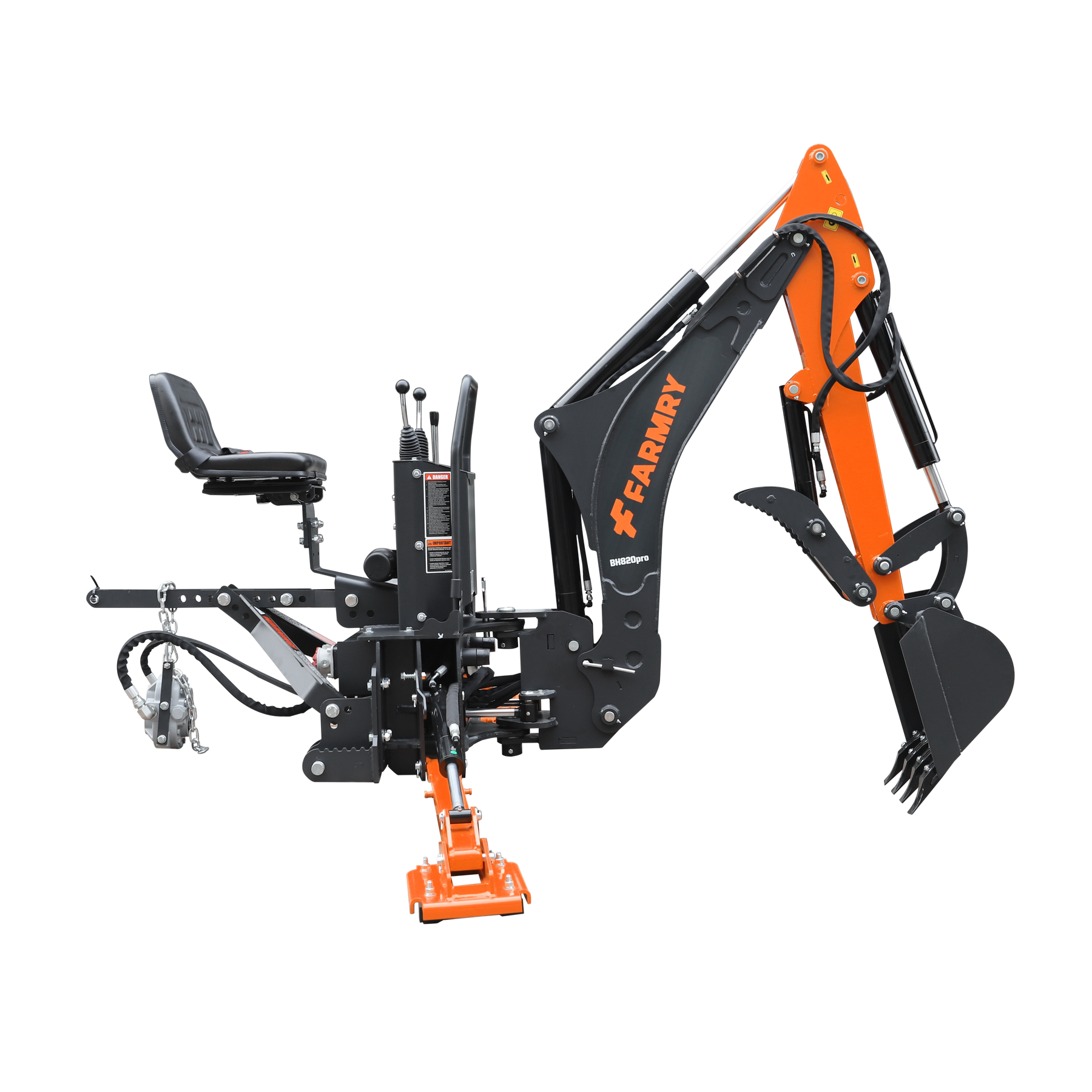 8 '2 " Tractor  Backhoe with Curved Boom, Italian Original WALVOIL Seven Way Hydraulic Control Valve, 15" Bucket, Hydraulic Grapple Thumb,  Self-Contained One-Piece Gear Pump&Hydraulic Reservoir included, for 30-65 HP, Cat 1&2 Hookup, BH820Pro