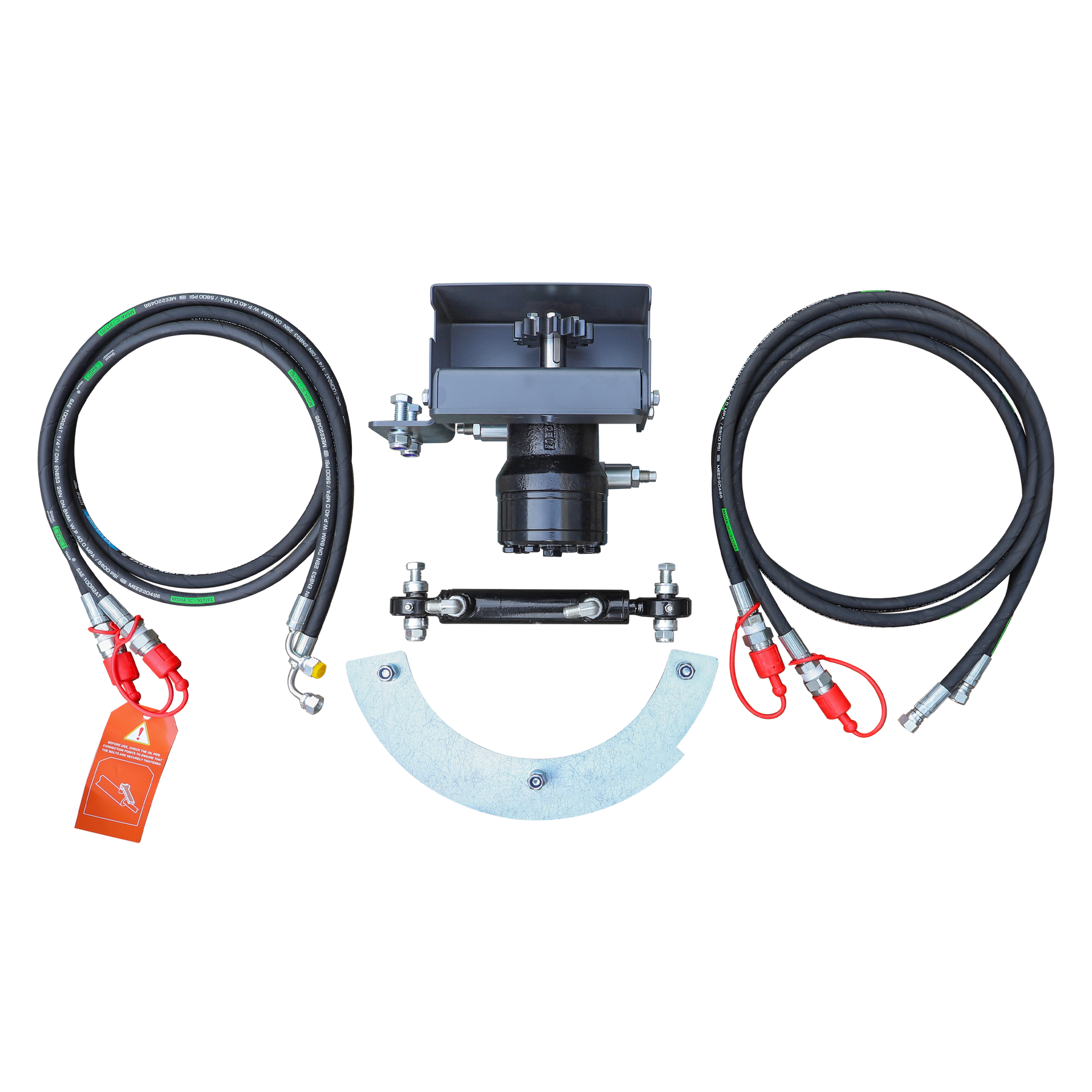 The farmry Complete Hydraulic Chute Rotator & Deflector Kit for TSB48/60/72/84 (104301A/104302A/104303A/104304A) includes two black hoses, a central metal valve, a curved bracket, and an orange safety tag, displayed on white.