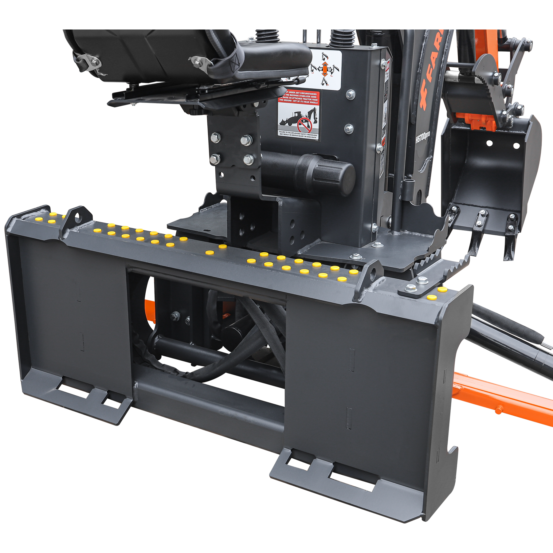 Close-up of the Farmry BHS700Pro 7' Skid Steer Loader Backhoe, featuring a black metal step with yellow traction dots, curved boom, WALVOIL 7-way valve, 12" bucket, hydraulic grapple thumb; levers and safety stickers visible.