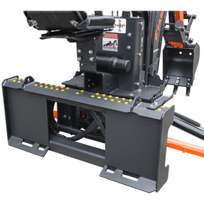 Close-up of the Farmry BHS700Pro 7' Skid Steer Loader Backhoe, featuring a black metal step with yellow traction dots, curved boom, WALVOIL 7-way valve, 12" bucket, hydraulic grapple thumb; levers and safety stickers visible.