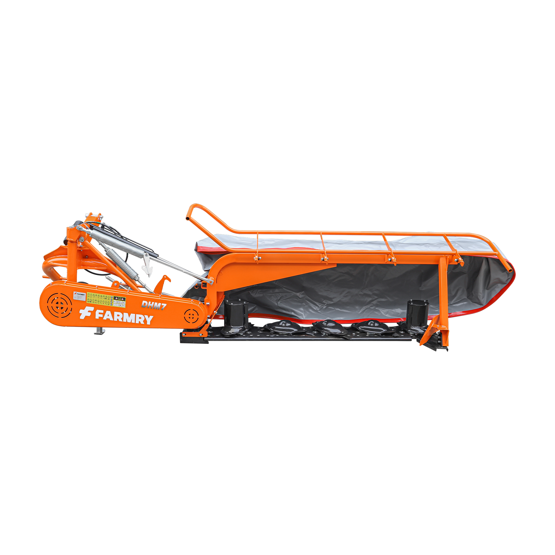Farmry DHM7 3-point 81" disc mower for Category 1 & 2 tractors (35–80 HP), features 5 discs, PTO power, and protective orange/gray cover. Side view shows hitch, cutting discs, and mechanical parts. Shown on white background.