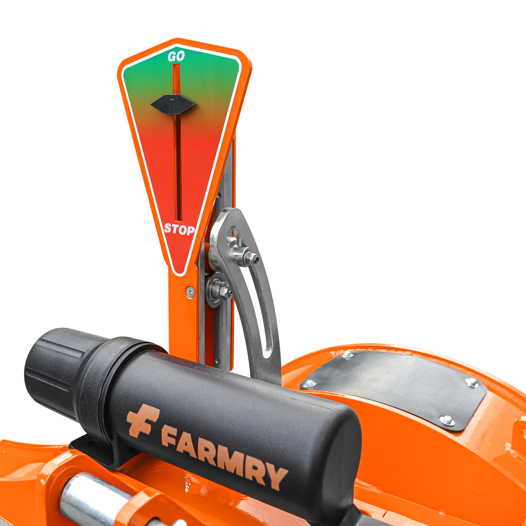 Close-up of a Farmry SG24 Pro 3-Point PTO Stump Grinder, showing the slip clutch lever from the PTO shaft beside a vertical speed indicator gauge labeled GO (green) and STOP (red), designed for 15-45HP tractors.