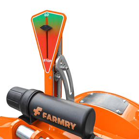 Close-up of a Farmry SG24 Pro 3-Point PTO Stump Grinder, showing the slip clutch lever from the PTO shaft beside a vertical speed indicator gauge labeled GO (green) and STOP (red), designed for 15-45HP tractors.