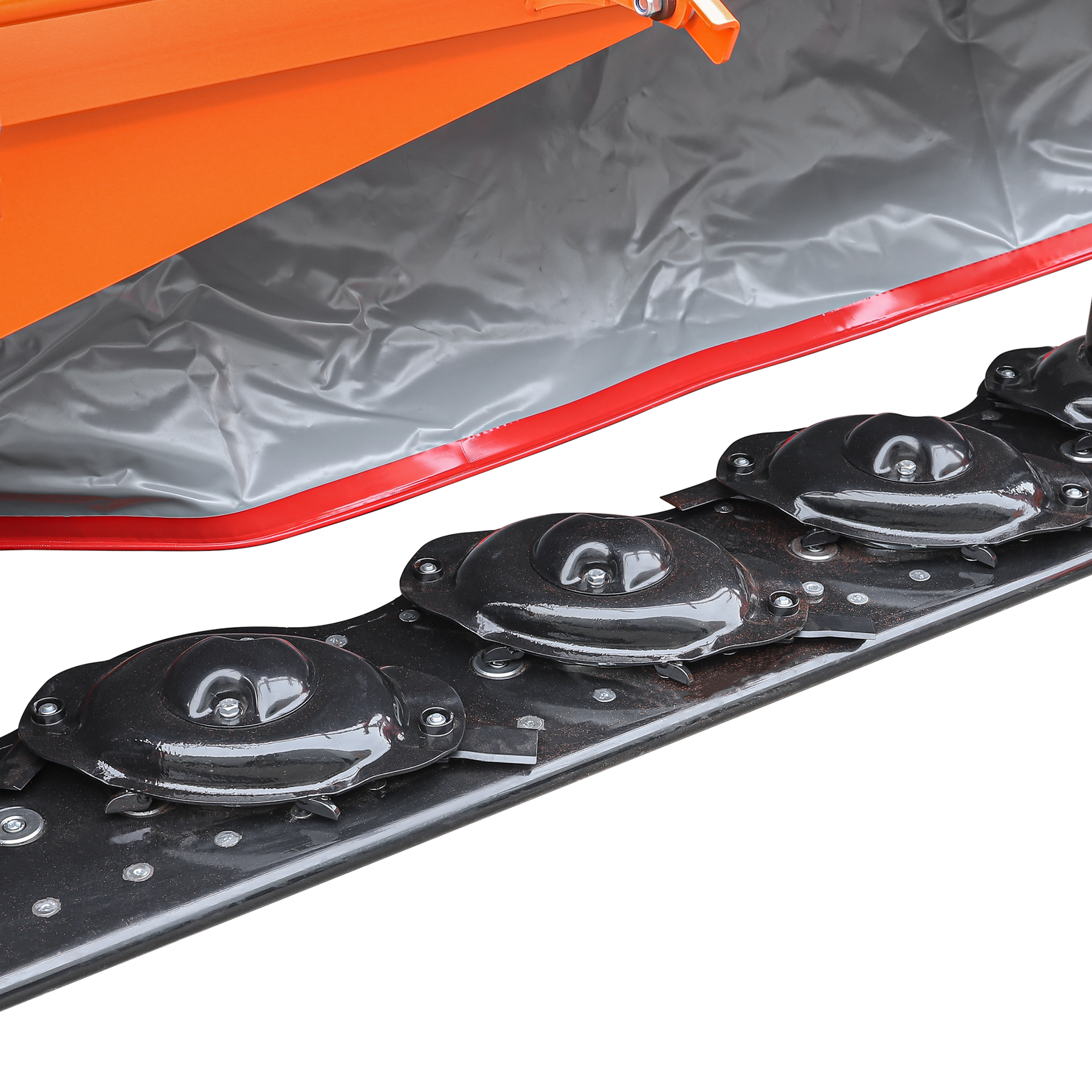 Close-up of the Farmry 3 Point 81" Disc Mower (DHM7) showing 5 black disc blades and an orange-gray cover. PTO powered for 35–80HP Category 1 & 2 tractors, with a 3-point hitch for easy attachment. Background is plain white.