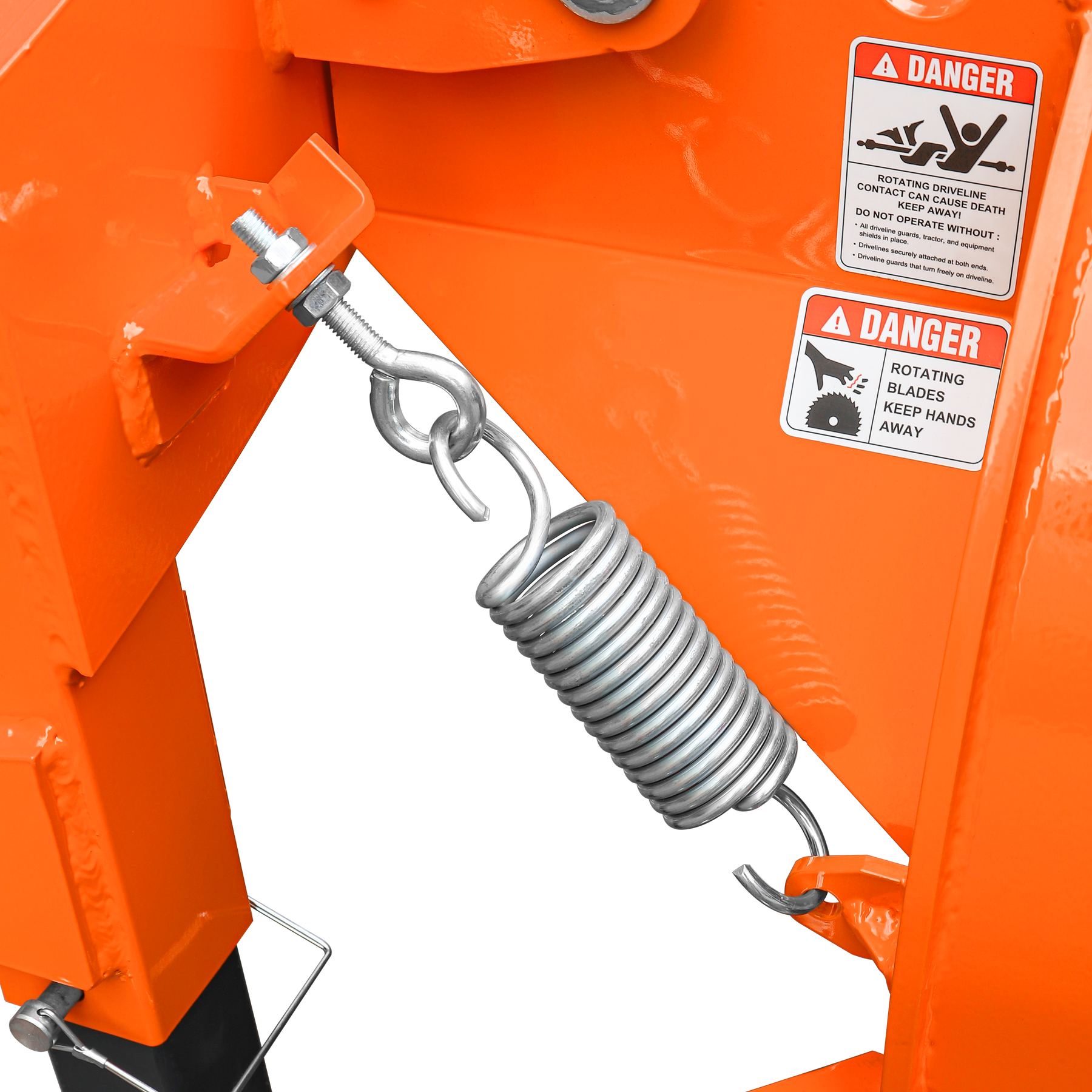 Close-up of the Farmry SG24 Pro 3-Point PTO Stump Grinder, showing two torsion springs, speed indicator, 34 carbide teeth, warning labels about rotating blades and hand safety, plus a PTO shaft with slip clutch for operator protection.