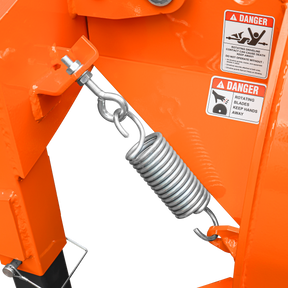 Close-up of the Farmry SG24 Pro 3-Point PTO Stump Grinder, showing two torsion springs, speed indicator, 34 carbide teeth, warning labels about rotating blades and hand safety, plus a PTO shaft with slip clutch for operator protection.