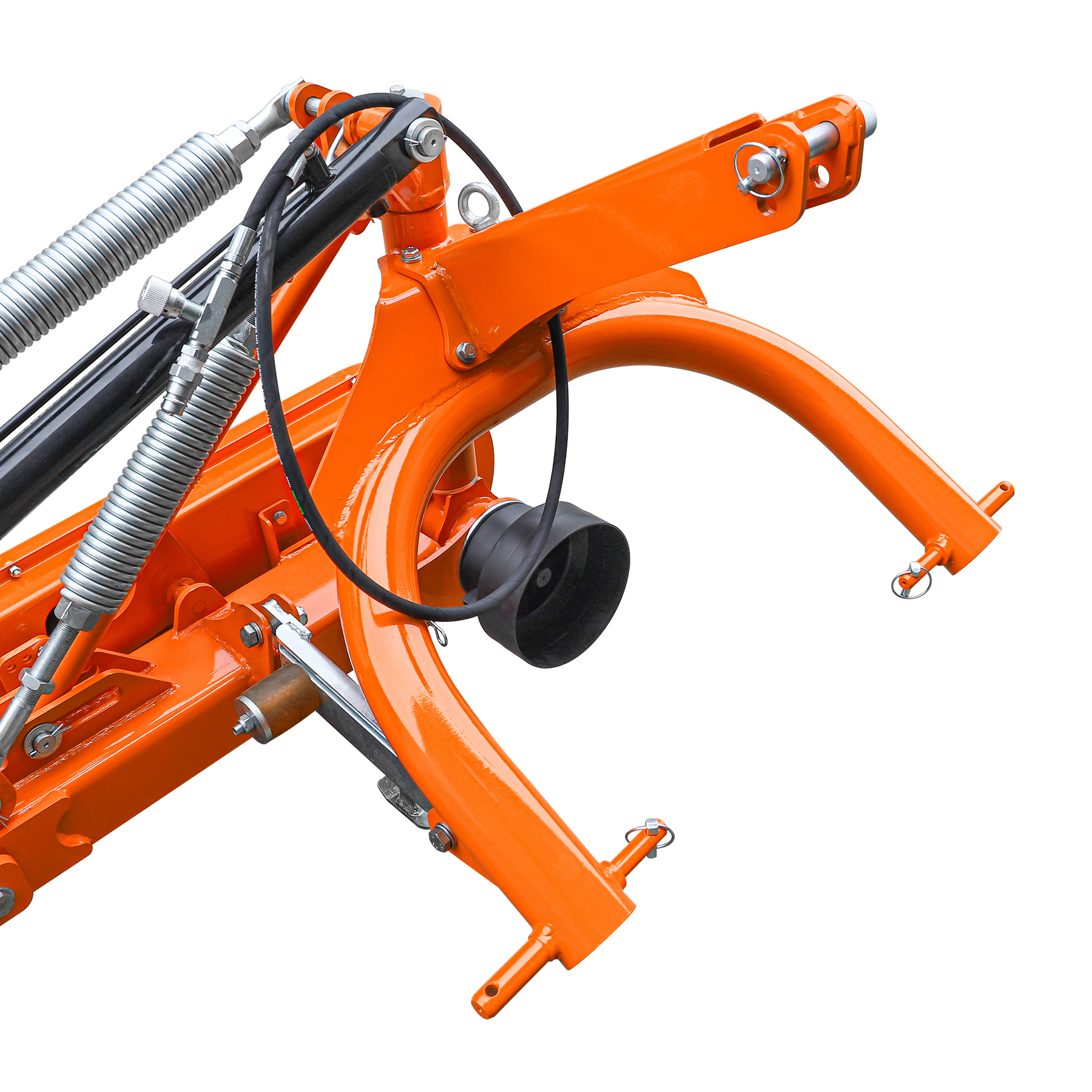 Close-up of the Farmry 3 Point 81" Disc Mower (DHM7) for Category 1 & 2 tractors, showing five discs, hydraulic pistons, curved arms, bolts, and a PTO-powered 35–80HP 3-point hitch against a plain white background.