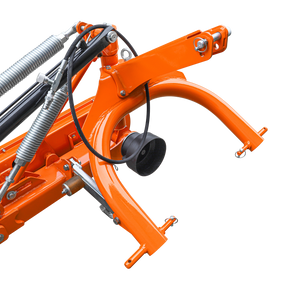 Close-up of the Farmry 3 Point 81" Disc Mower (DHM7) for Category 1 & 2 tractors, showing five discs, hydraulic pistons, curved arms, bolts, and a PTO-powered 35–80HP 3-point hitch against a plain white background.