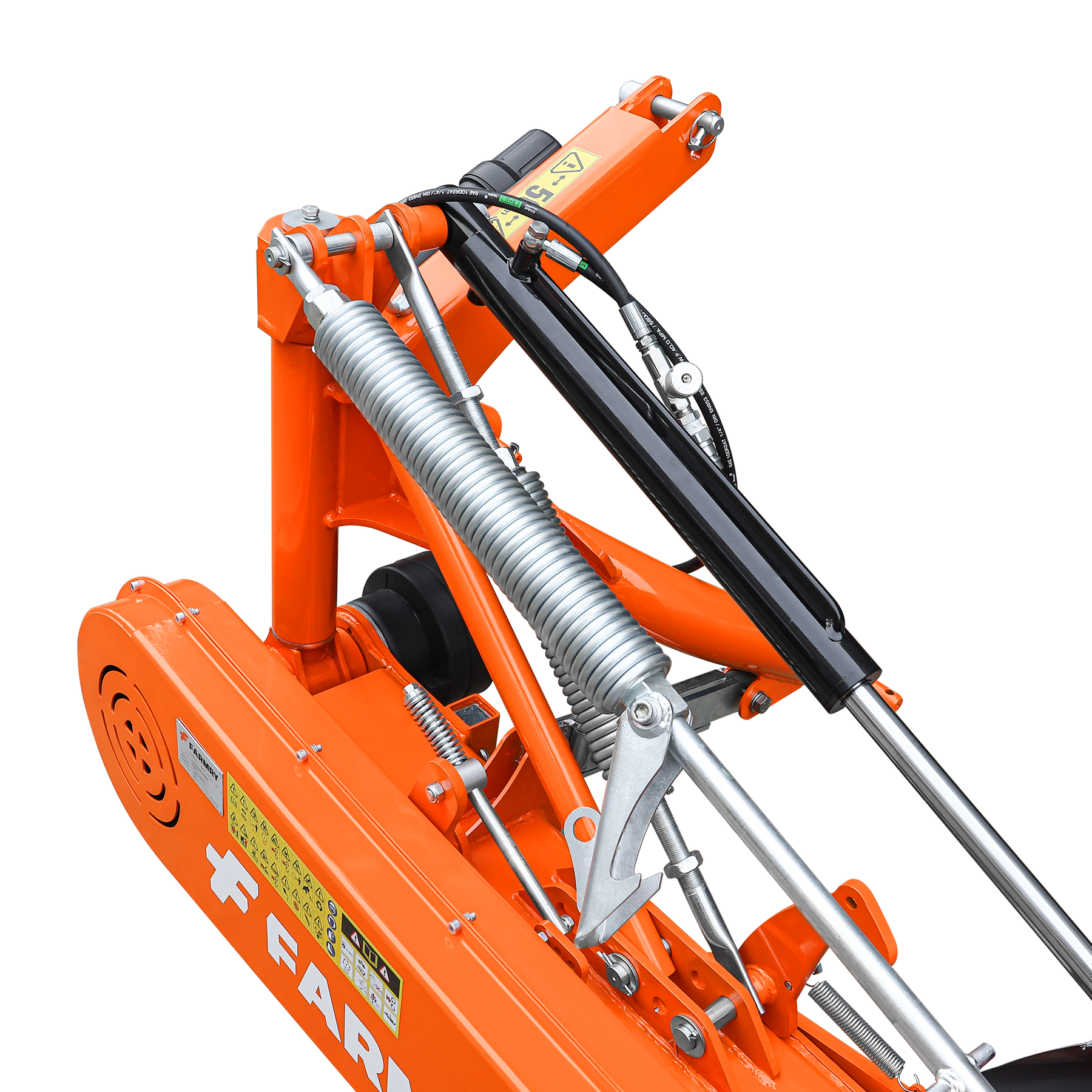 Close-up of Farmry 3 Point 81" Disc Mower (DHM7) for Category 1 & 2 tractors, showing hydraulic cylinders, springs, levers, rods, bolts, 3-point hitch, and warning labels. PTO powered, 5 discs, fits 35–80HP tractors.