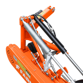 Close-up of Farmry 3 Point 81" Disc Mower (DHM7) for Category 1 & 2 tractors, showing hydraulic cylinders, springs, levers, rods, bolts, 3-point hitch, and warning labels. PTO powered, 5 discs, fits 35–80HP tractors.