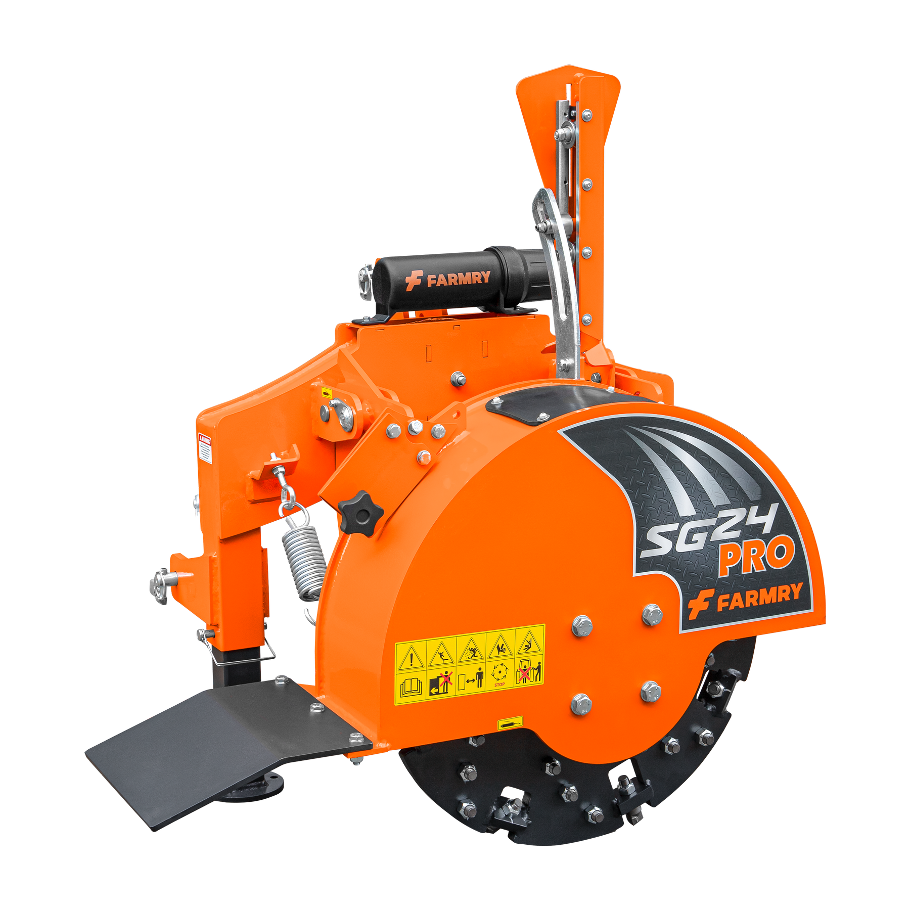 3-Point PTO Stump Grinder PRO, Two Torsion Springs, Speed Indicator, Orange Color, 34 Carbide Teeth, for 15-45HP Tractors, PTO Shaft Included with Slip Clutch. SG24 Pro