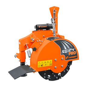 A Farmry SG24 Pro 3-Point PTO Stump Grinder, featuring two torsion springs, speed indicator, 34 carbide teeth, and a slip clutch PTO shaft for 15-45HP tractors, is shown on a light background.