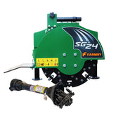 A Farmry 5” PTO Wood Chipper + Stump Grinder Bundle (WCAP130 + SG24 Combo) for 15–45HP tractors is shown with a detached drive shaft, black and silver cutting wheel, and safety labels, displayed against a white background.