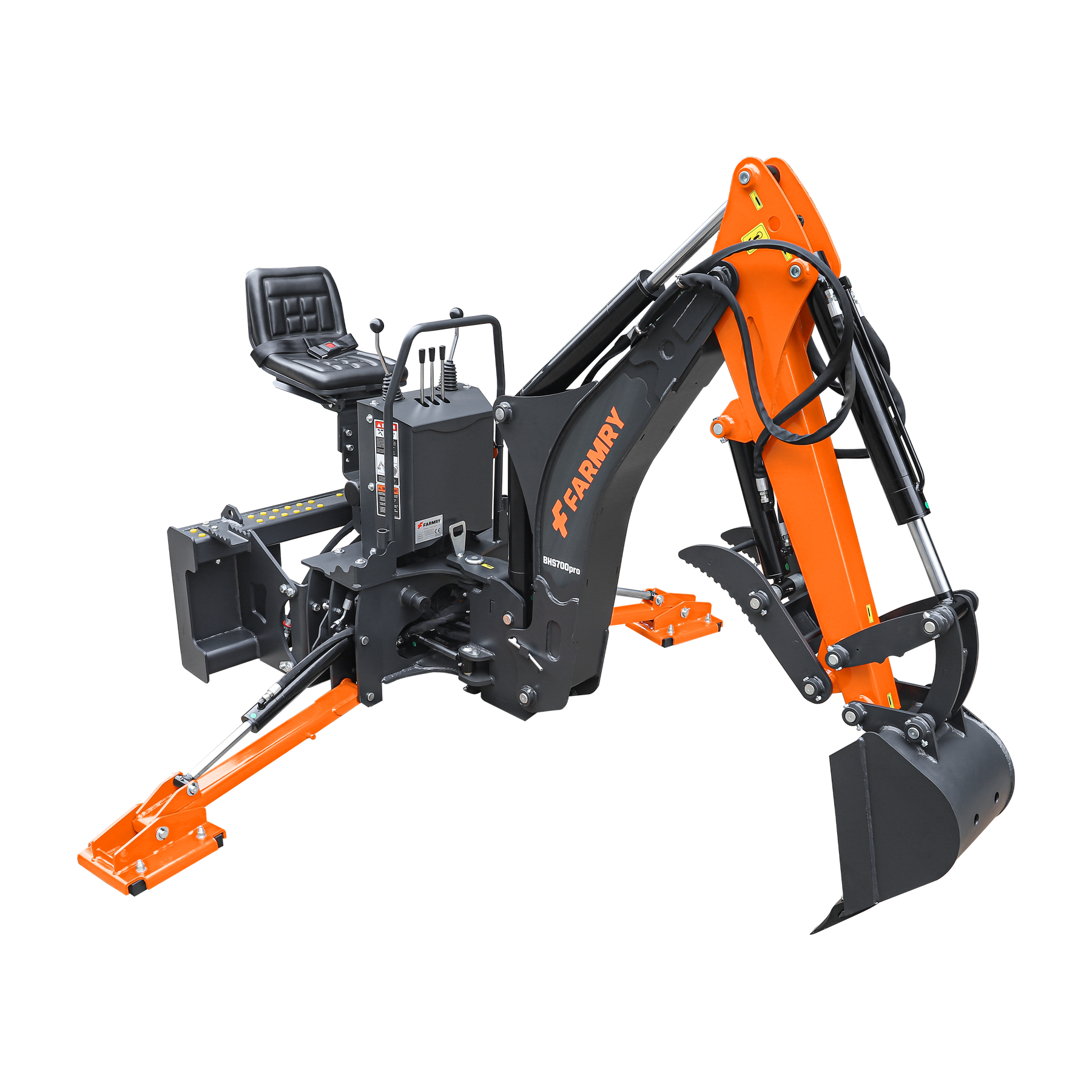 The Farmry BHS700Pro is a compact 7' skid steer loader backhoe with curved boom, 12" bucket, hydraulic grapple thumb, extendable stabilizers, and WALVOIL seven-way valve, for 30-50 HP equipment—ideal for digging and excavation tasks.