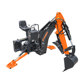 The Farmry BHS700Pro is a compact 7' skid steer loader backhoe with curved boom, 12" bucket, hydraulic grapple thumb, extendable stabilizers, and WALVOIL seven-way valve, for 30-50 HP equipment—ideal for digging and excavation tasks.