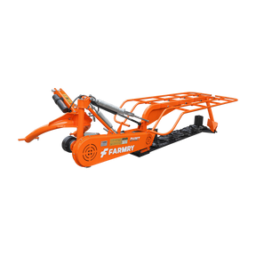 Bright orange Farmry DHM7 3 Point 81" Disc Mower, with 5 discs, PTO powered for 35–80HP Category 1 & 2 tractors, features metal frame, chains, hydraulic cylinders, and low-profile design, set against a plain white background.