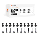 Image of the Farmry (1Pack/10Pcs) HFS flail mower hammer blades set: the white box with black and orange text is at the top, and below it are 10 blades, 10 bolts, and 10 nuts arranged in a row.
