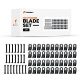A boxed Farmry (1Pack/22Pcs) LFP Y Blades for Flail Mowers set is displayed, with bolts and blade attachments neatly in front. The box shows bold branding and an image of the heavy-duty cutting blades.