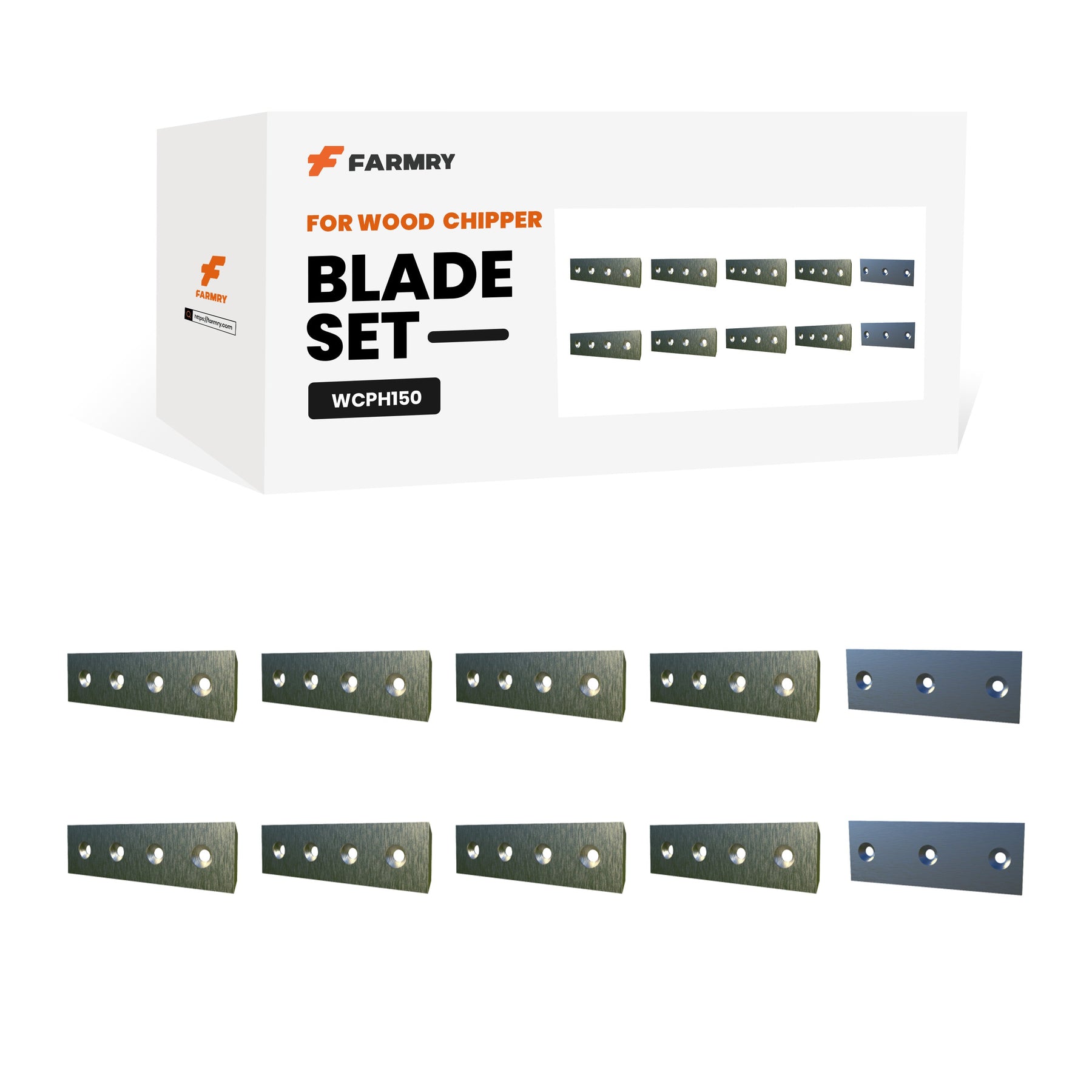 A Farmry WCPH150 Wood Chipper Blade Set box is shown with eight moving blades and two fixed blades of various sizes and hole patterns displayed in front.