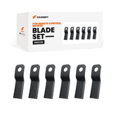 Six black RM20S Rotary Mower Blades (1Pack/6Pcs) from Farmry are shown in front of a white box labeled for Remote Control Mower Blade Set RM(K)20, featuring blade images on the packaging.