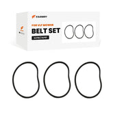 A Farmry box labeled (1Pack/3Pcs) VLF Replacement Belts for Flail Mowers – Smooth & Strong Drive is shown with three black drive belts in front, featuring images of the belts and company branding on the packaging.