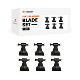 Box labeled Farmry Blade Set for VHF Mower with six black mower blades displayed in front. Box features product images, Farmry logo, and text indicating compatibility with VHF models.