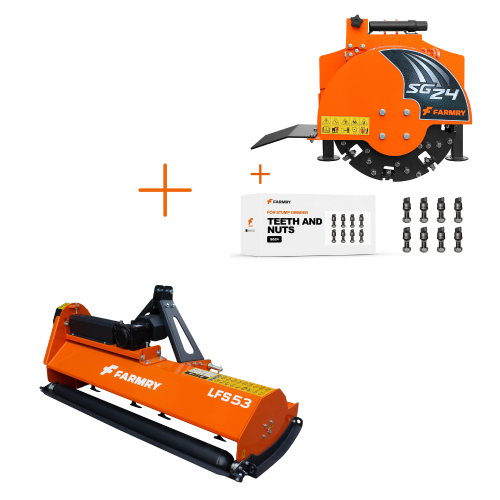 LFS53 Flail Mower (15–35 HP) + SG24 Stump Grinder (15–45 HP, Orange) Combo