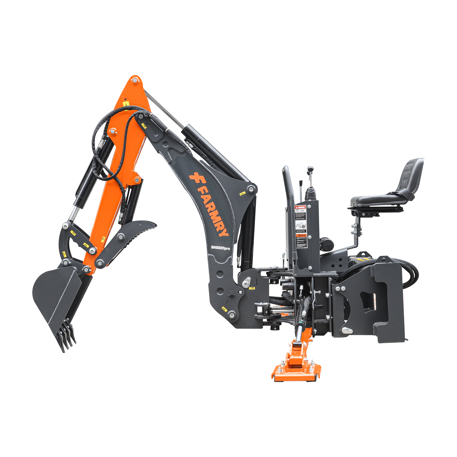 8 '2 " Skid Steer Loader  Backhoe with Curved Boom, Italian Original WALVOIL Seven Way Hydraulic Control Valve, 15" Bucket, Hydraulic Grapple Thumb included, for 30-65 HP , BHS820Pro